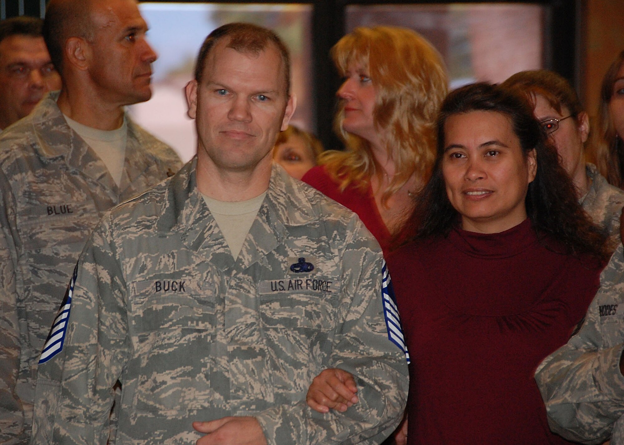 Senior Master Sgt. Franklin Buck, 355th Component Maintenance Squadron, and his wife, Marie, attend a promotion ceremony at the Mirage Club Nov. 13. The ceremony recognized the 11 senior master sergeants recently selected for promotion to chief master sergeant. (U.S. Air Force photo/Capt. Stacie N. Shafran)  
