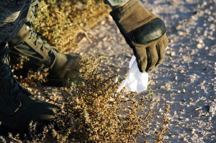 NELLIS AIR FORCE BASE, Nev. -- Chief Master Sgt. John Zincone, 99th Air Base Wing Public Affairs picks up trash between the taxi-ways on the flightline to perform a foreign object debris walk following the 2009 Aviation Nation Nellis Open House, Nov. 16. FOD prevention is every individual's responsibilities as it can cost millions of dollars, and cause damage to aircraft systems or weapons or injury to personnel. 
(U.S. Air Force photo by Airman 1st Class Brett Clashman)