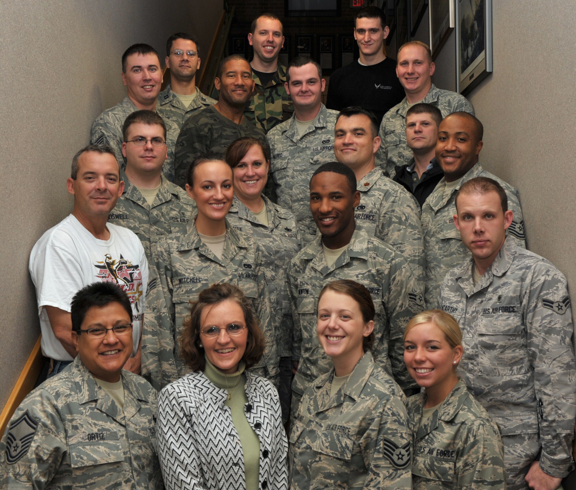 The following Airmen were welcomed to the 931st Air Refueling Group in November: (1st row, left to right) Senior Master Sgt. Lisa Ortiz, Staff Sgt. Joyce Stewart, Staff Sgt. Kristen Adkins, Airman Basic Brittnie Mathi, (2nd row) Senior Airman David Aucoin, Senior Airman Amanda Mitchell, Airman 1st Class William Newton, Airman 1st Class Matthew McCarthy, (3rd row) Senior Airman James Boswell III, Lt. Col. Sherry Teague, Maj. Bradley Garcia, Tech. Sgt. Thomas Herbert,  (4th row) Staff Sgt. Jesse Fuller, Senior Airman Daniel Love, Senior Airman Edward Allred, Senior Airman Bruce Bennett, (5th row) Capt. John Schloss, Staff Sgt. Gregory Godfrey, Senior Airman James Rosenthal and Staff Sgt. Trafton Wieland. (U.S. Air Force photo)