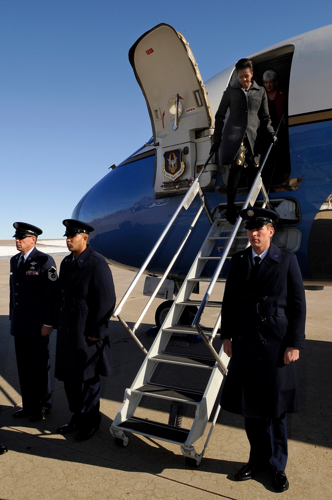 BUCKLEY AIR FORCE BASE, Colo. -- First Lady Michelle Obama arrives at Buckley Air Force Base during her visit to Colorado Nov. 16. (U.S. Air Force photo by Staff Sgt. Steve Czyz)