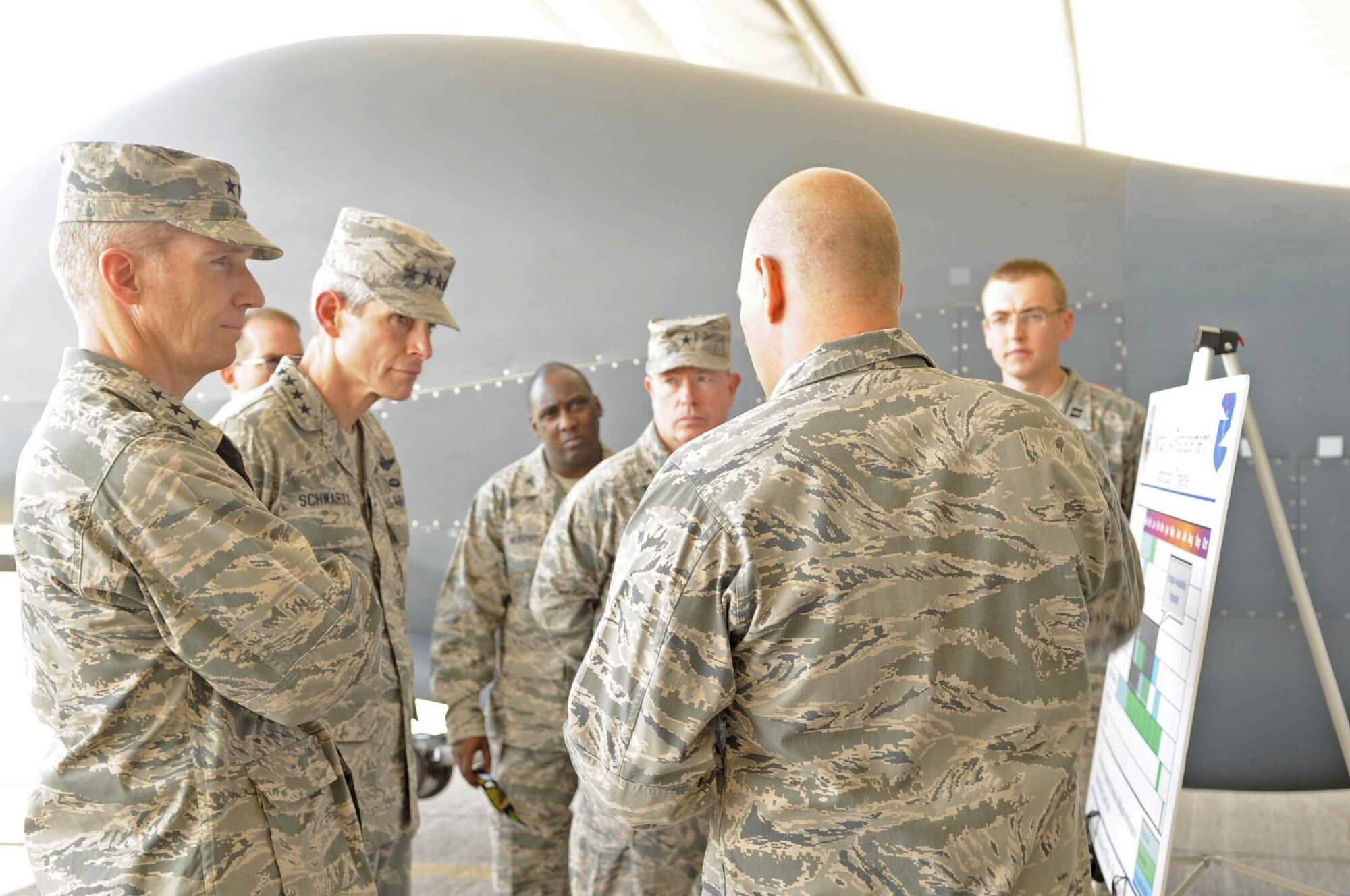 Air Force Chief of Staff Gen. Norton Schwartz and Lt. Gen. Gilmary Michael Hostage III receive a briefing on the intelligence, surveillance and reconnaissance platform of the 380th Air Expeditionary Wing Nov. 13, 2009, at an air base in Southwest Asia. General Hostage is the commander of U.S. Air Force Central Command. (U.S. Air Force photo/by 2nd Lt. Kidron B. Vestal)