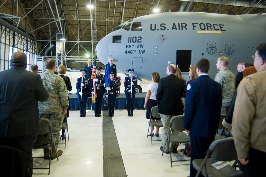 Team McChord members and guests attend the retirement ceremony of Chief Master Sgt. Cary Hatzinger, former 62nd Airlift Wing command chief, in Hangar 3 Nov. 13. Chief Hatzinger retired after 25 years of Air Force service. (U.S. Air Force photo/Abner Guzman)