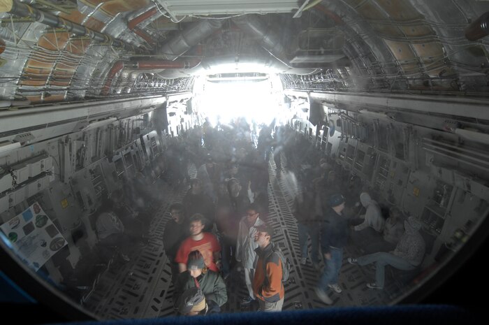 NELLIS AIR FORCE BASE, Nev. -- Spectators get a close up view of a C-17 Globemaster III during the 2009 Aviation Nation Nellis Open House Nov. 15. The Nellis Air Force Base Open House is an opportunity for the Las Vegas community to view aerial demonstrations and static displays of various aircraft from the military. (U.S. Air Force photo by Master Sgt. Kevin J. Gruenwald)