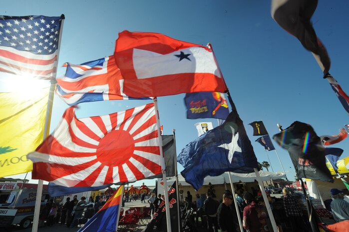 NELLIS AIR FORCE BASE, Nev.-- Flags are displayed proudly as spectators fill the 2009 Aviation Nation Nellis Open House held Nov 13 to 15. The Nellis Air Force Base Open House is an opportunity for the Las Vegas community to view aerial demonstrations and static displays of various aircraft from the military. The open house also acts as the final air show of the year for the U.S. Air Force Aerial Demonstration Squadron Thunderbirds.
(U.S. Air Force photo by Master Sgt. Kevin J. Gruenwald)
