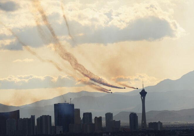 NELLIS AIR FORCE BASE, Nev.-- The United States Air Force Air Demonstration Squadron Thunderbirds position to approach Nellis during the 2009 Aviation Nation Nellis Open House Nov. 14. The Nellis Open House is an opportunity for the Las Vegas community to view aerial demonstrations and static displays of various aircraft from the military. The open house also acts as the final air show of the year for the Thunderbirds.
(U.S. Air Force photo by Master Sgt. Kevin J. Gruenwald)
