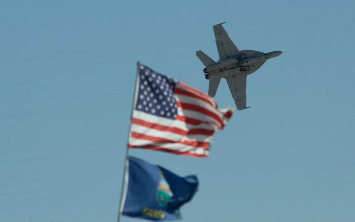 NELLIS AIR FORCE BASE, Nev.-- An F/A-18 Super Hornet pulls into a max turn during a demonstration at the 2009 Aviation Nation Nellis Open House Nov. 14. The F/A -18 Super Hornet is a supersonic carrier-capable fighter/attack aircraft. The Nellis Open House is an opportunity for the Las Vegas community to view aerial demonstrations and static displays of various aircraft from the military.
(U.S. Air Force photo by Master Sgt. Kevin J. Gruenwald)