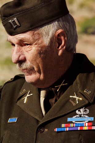 Bill Goglyn, a curator for the 1st composite group WWII traveling educational museum, represents the 101st Airborne during the 2009 Aviation Nation Nellis Open House Nov. 14. The Nellis Open House is an opportunity for the Las Vegas community to view aerial demonstrations and static displays of various aircraft from the military. The open house also acts as the final air show of the year for the U.S. Air Force Aerial Demonstration Team Thunderbirds.
(U.S. Air Force photo by Master Sgt. Kevin J. Gruenwald)
