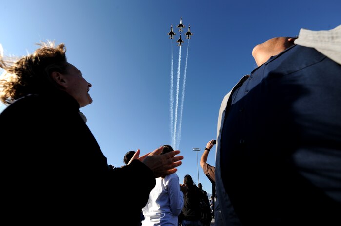 NELLIS AIR FORCE BASE, Nev. -- The U.S. Air Force Air Demonstration Squadron Thunderbirds fly over the audience during the Nellis Open House Nov. 14. The open house is an opportunity for the Las Vegas community to view aerial demonstrations and static displays of various aircraft from the military. The open house also acts as the final air show of the year for the Thunderbirds.
(U.S. Air Force photo by Airman 1st Class Brett Clashman)