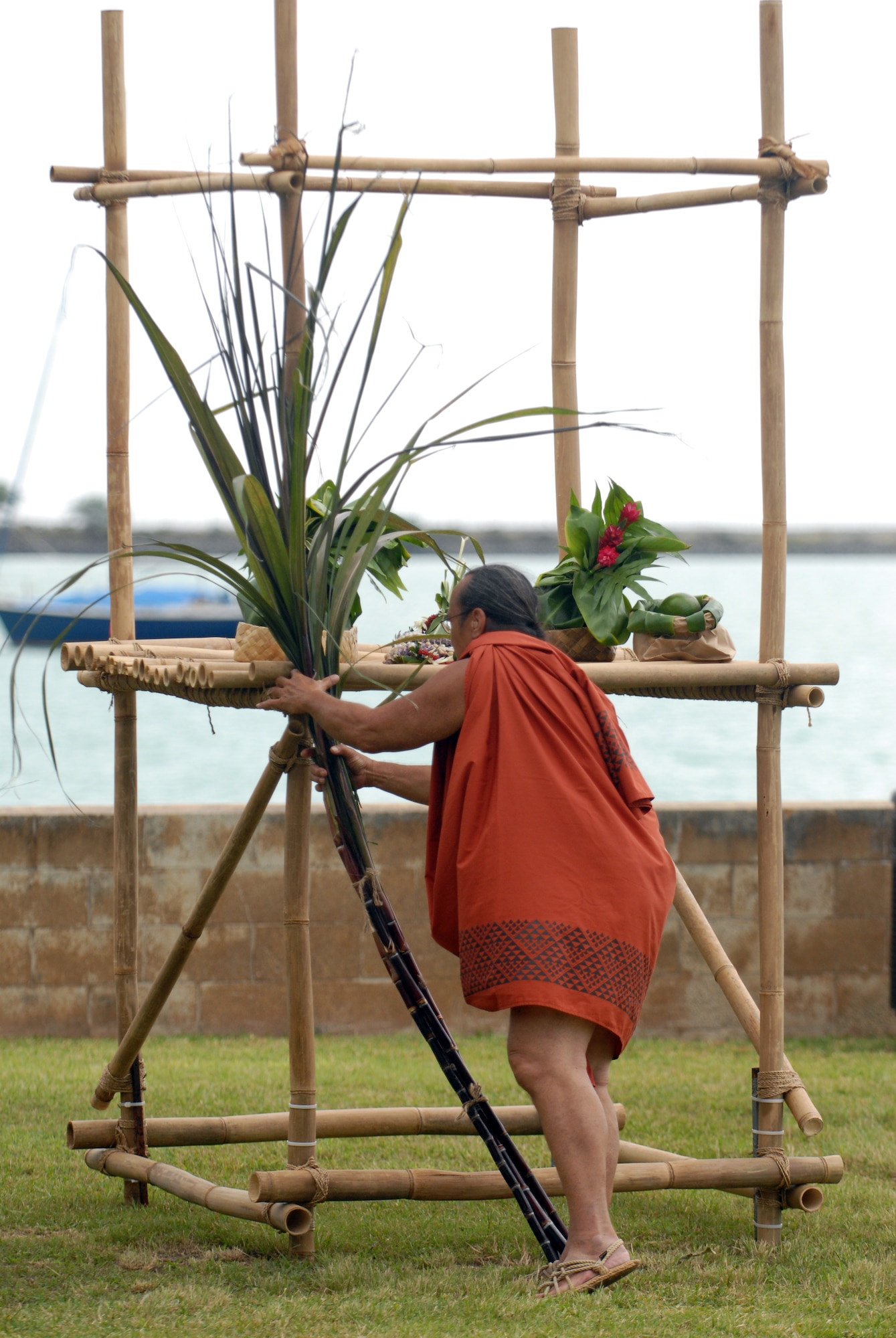 HICKAM AIR FORCE BASE, Hawaii - Gifts are set aside during the 7th Annual Kapuaikaula (Hickam) Makahiki (Thanksgiving) festival. Local Hawaiian and Hickam officials gathered at Hickam Harbor on Nov. 14 for the Makahiki festival. The festival involved a ceremonial arrival in canoes, spiritual offerings, five skills competitions and a feast to end the day. According to history texts, the Makahiki was started to honor Lono, the Hawaiian guardian of agriculture, rain, health and peace. (U.S. Air Force photo/Senior Airman Gustavo Gonzalez)