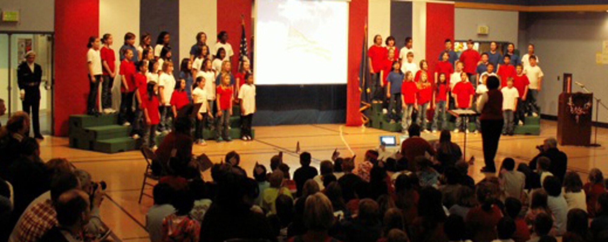 The Crawford Singers perform songs from the United States Air Force in a multi-media presentation at Crawford Elementary on Veterans Day Nov. 11, 2009, Eielson Air Force Base, Alaska. (Courtesy photo)