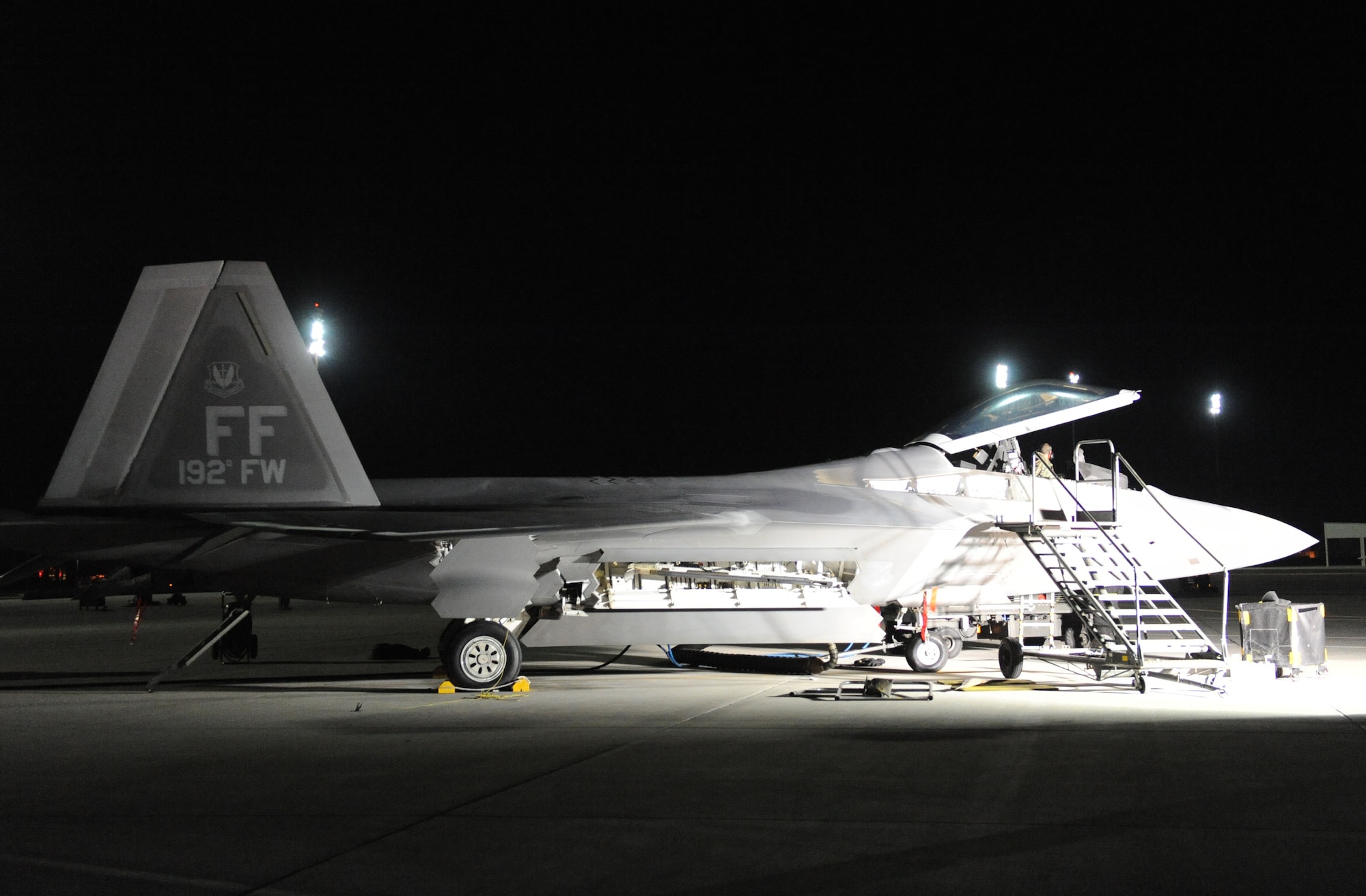 LANGLEY AIR FORCE BASE, Va. -- Langley Airmen prepare an F-22A Raptor Nov. 4 for a deployment to United Arab Emirates.  Six 1st Fighter Wing F-22A Raptors are participating in bilateral training with Coalition partners from Nov. 15 to Dec. 10.  (US Air Force Photo/Airman Rebecca Montez)