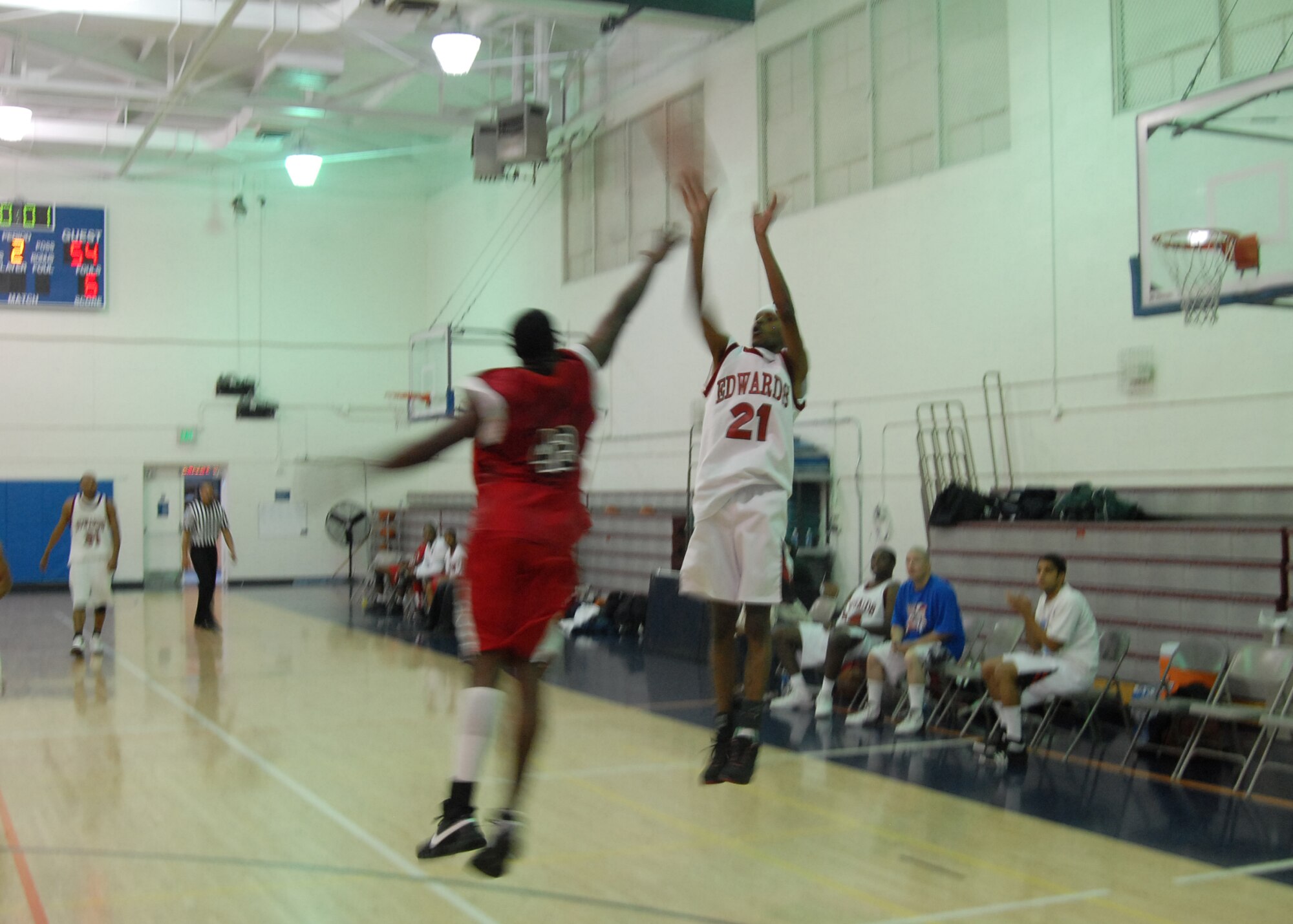 Sedric Whitaker, Edwards power foward, takes a shot against LA during Pacific West Military Athletic Conference basketball for the West Division Nov.14. Edwards defeated LA 99-73. (Air Force photo/Airman 1st Class William O'Brien)