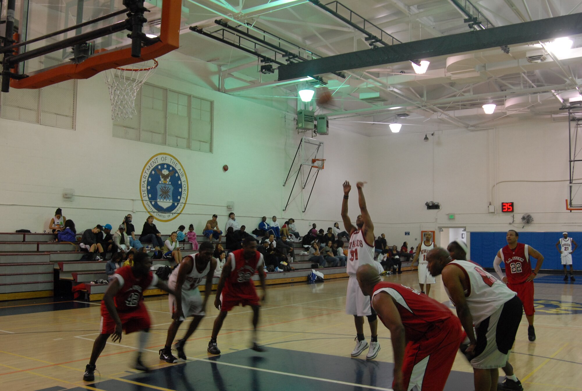 Melvin Sideny, Edwards shooting guard, makes a free throw during Edwards game against Los Angeles at the Rosburg Fitness Center Nov. 14. Edwards defeated LA 99-73. (Air Force photo/Airman 1st Class William O'Brien)