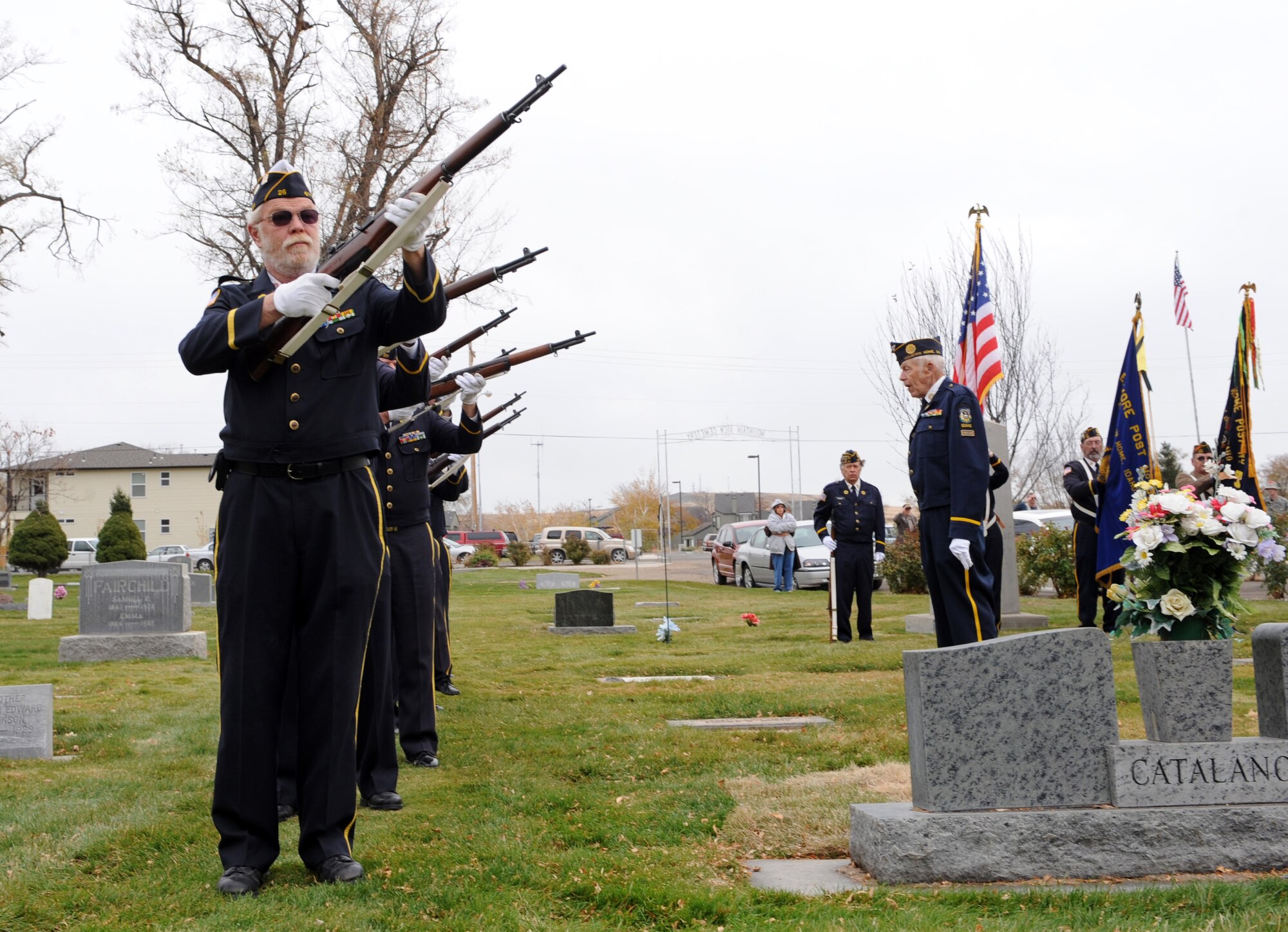 MOUNTAIN HOME AIR FORCE BASE, Idaho - Members of the American Legion Post 26 Honor Guard give a seven man, three volley salute during a Veteran's Day ceremony at the Mountain View Cemetery in Mountain Home, Nov. 11. On the eleventh day of the eleventh month at the eleventh hour a ceremony is held to remember when World War I ended and also to pay respect to all veterans. Idaho has the largest percentage of veterans by population in the nation. (U.S. Air Force photo/ Airman Debbie Lockhart)