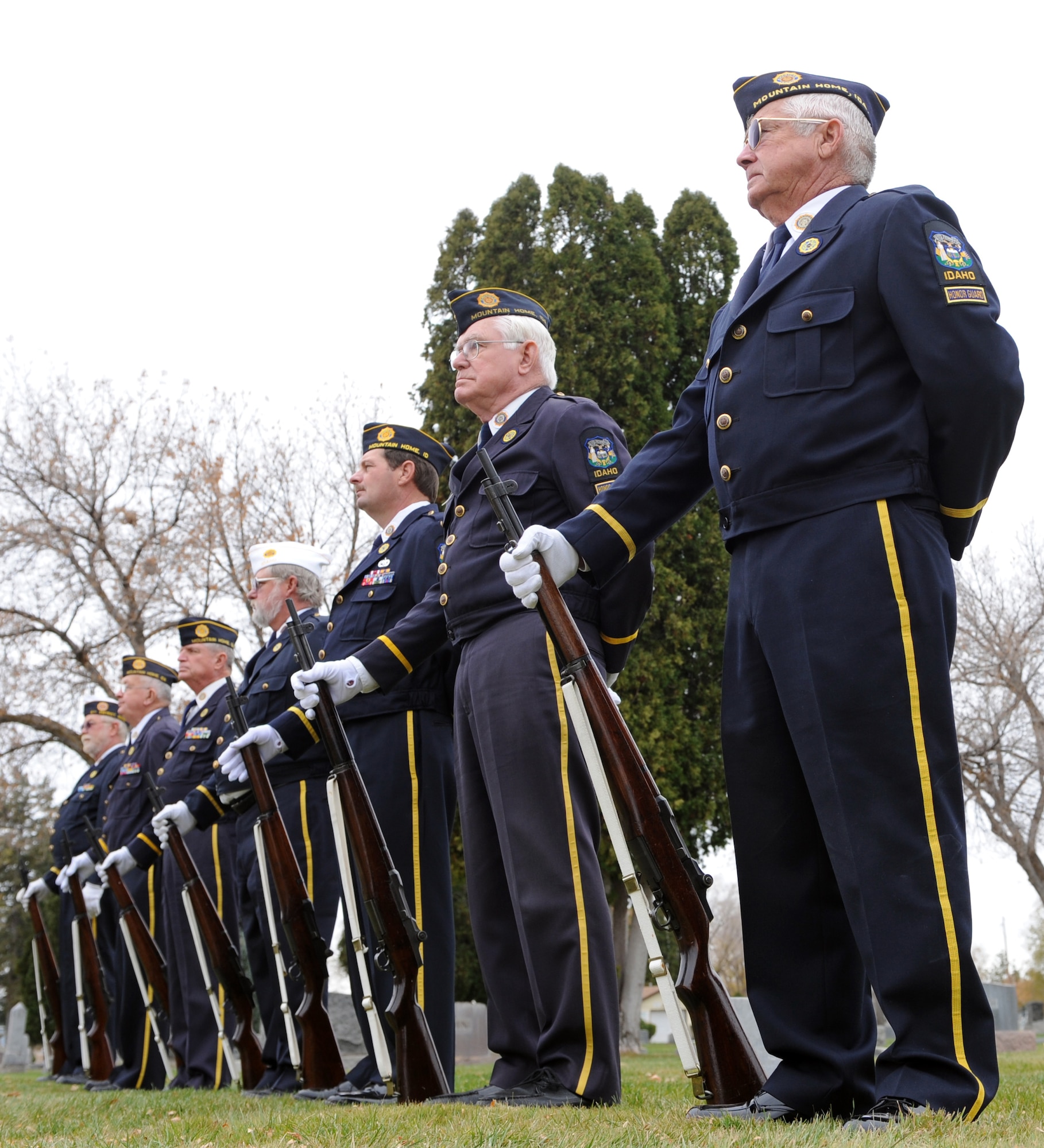 MOUNTAIN HOME AIR FORCE BASE, Idaho - Members of the American Legion Post 26 Honor Guard stand at parade rest during a Veteran's Day ceremony at the Mountain View Cemetery in Mountain Home, Nov. 11. On the eleventh day of the eleventh month at the eleventh hour a ceremony is held to remember when World War I ended and also to pay respect to all veterans. Idaho has the largest percentage of veterans by population in the nation. (U.S. Air Force photo/ Airman Debbie Lockhart)