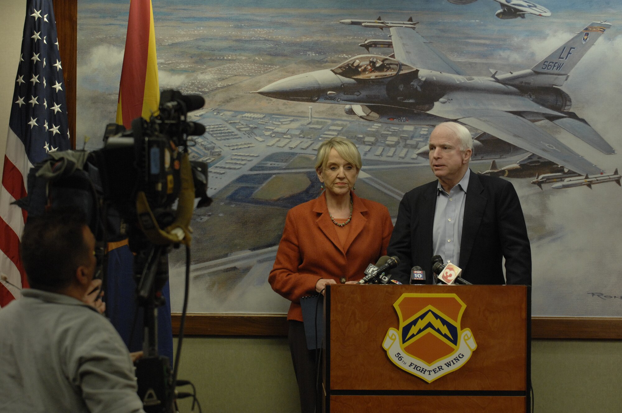 U.S. Senator John McCain speaks at a press conference at Luke Air Force Base, Arizona, Nov 13, 2009. Sen. McCain discussed the future of the base and his support of it.(U.S. Air Force Photo by Staff Sgt.  Gary Mathieson)
