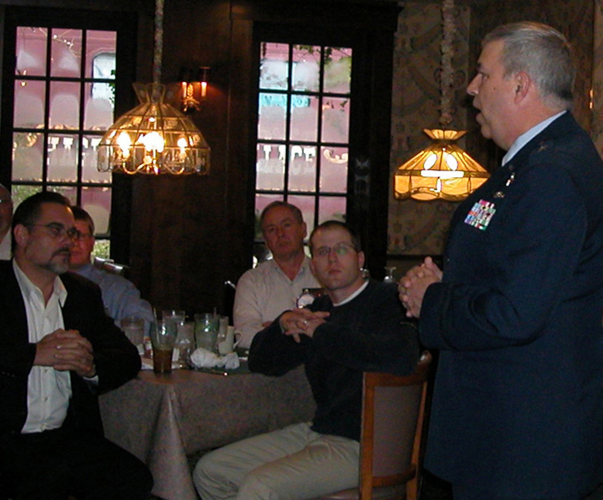 GRISSOM AIR RESERVE BASE, Ind., -- Brig. Gen. Dean Despinoy, 434th Air Refueling Wing Commander, addresses members of the Peru (Ind) Rotary Club.  General Despinoy was the guest speaker at the group's weekly luncheon meeting on Nov. 17 and provided the packed house at the Siding Restaurant with an in-depth presentation that covered the 434th ARW mission, Air Force Reserve contributions to our nation's defense, employer support, annual economic impact and Grissom's overall impact on the local community.  (U.S. Air Force photo illustration/Lt Col. Gary Lockard)   