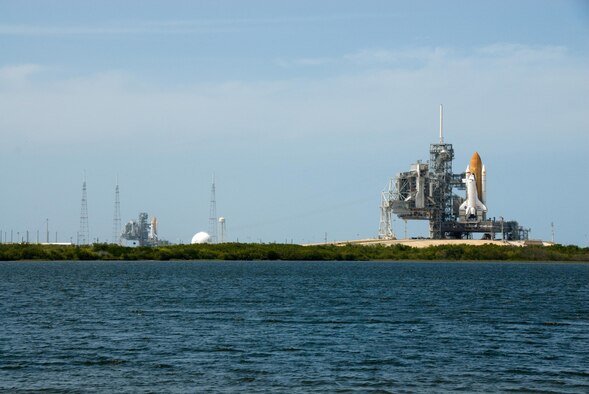 KENNEDY SPACE CENTER, Fla. - Shuttle Atlantis on the launch pad. The 920th Reserve Rescue Wing Airmen provide astronaut rescue and recovery support as well as recovery of the orbiter throughout launch, on orbit and upon landing in case of emergency.(NASA photo)