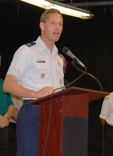 Col. Jeffrey McDaniels, 47th Flying Training Wing commander, speaks during the opening ceremony of Del Rio’s 17th annual Feast of Sharing. The event provides free Thanksgiving meals for more than 5,000 people annually. (U.S. Air Force photo by Joel Langton)