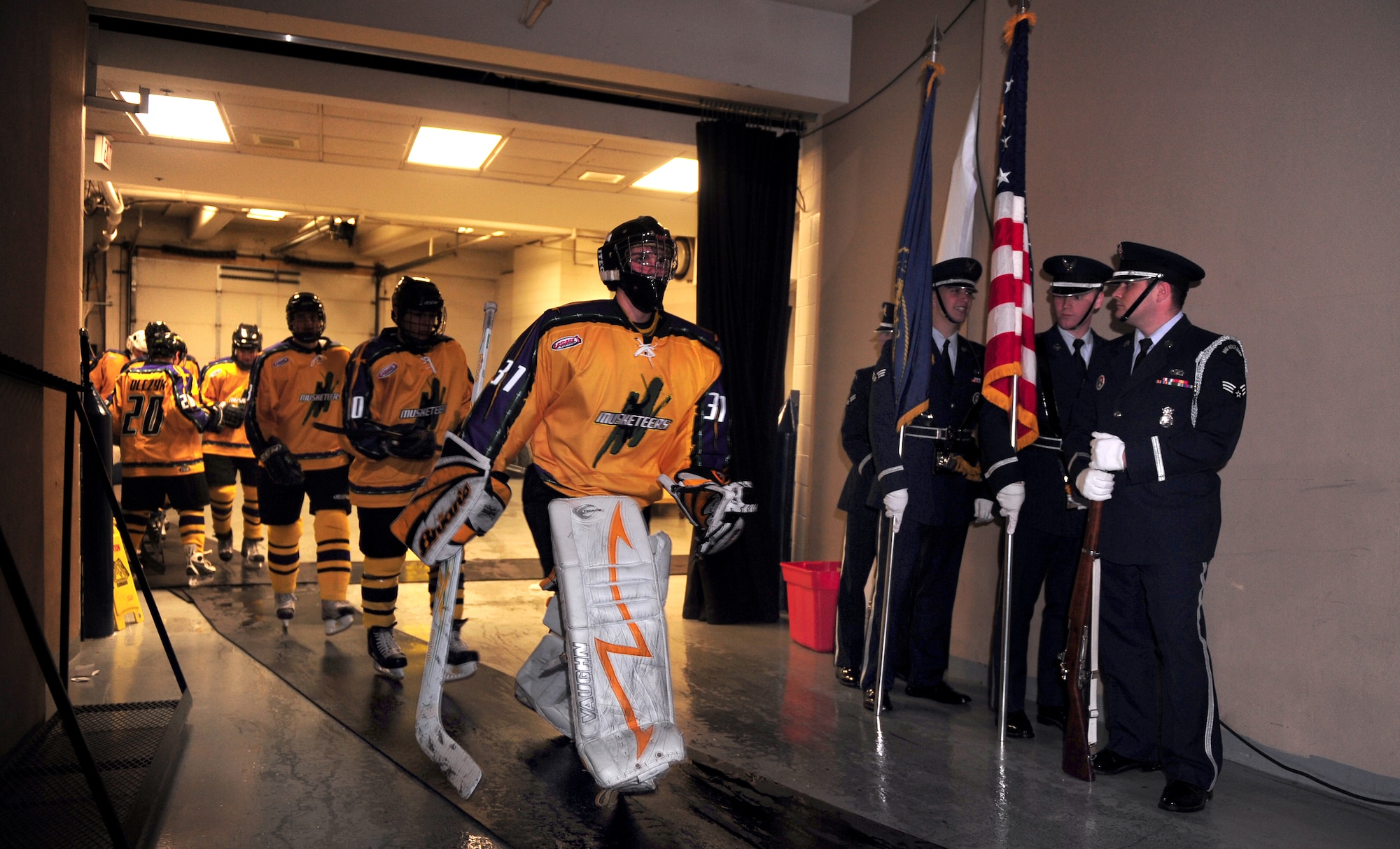 OFFUTT AIR FORCE BASE, Neb. - The Sioux City Musketeers take the ice at the Civic Auditorium in Omaha, Neb., Nov. 13 for their game against the Omaha Lancers as Airmen with the 55th Wing Honor Guard look on, during the Lancers Military Appreciation Night event. Throughout the week of Veterans Day numerous organizations pay special tribute to the men and women of America's armed forces.
U.S. Air Force photo by Josh Plueger
