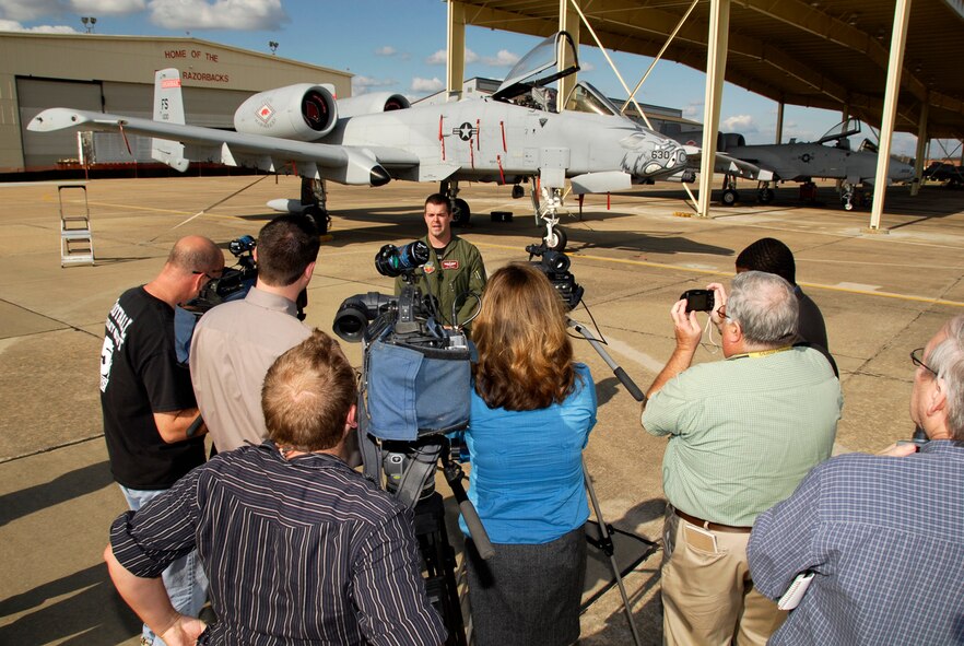 Maj. Jay Spohn, an A-10 Thunderbolt II "Warthog" pilot with the 188th Fighter Wing Arkansas Air National Guard, based in Fort Smith, Ark., is interviewed by media at a press conference held at the 188th Nov. 10, 2009. Spohn was the only Air National Guard pilot to be selected to fly the F-35 Lightning II Joint Strike Fighter in the program's initial cadre. (U.S. Air Force photo by Senior Master Sgt. Dennis Brambl/188th Fighter Wing Public Affairs)