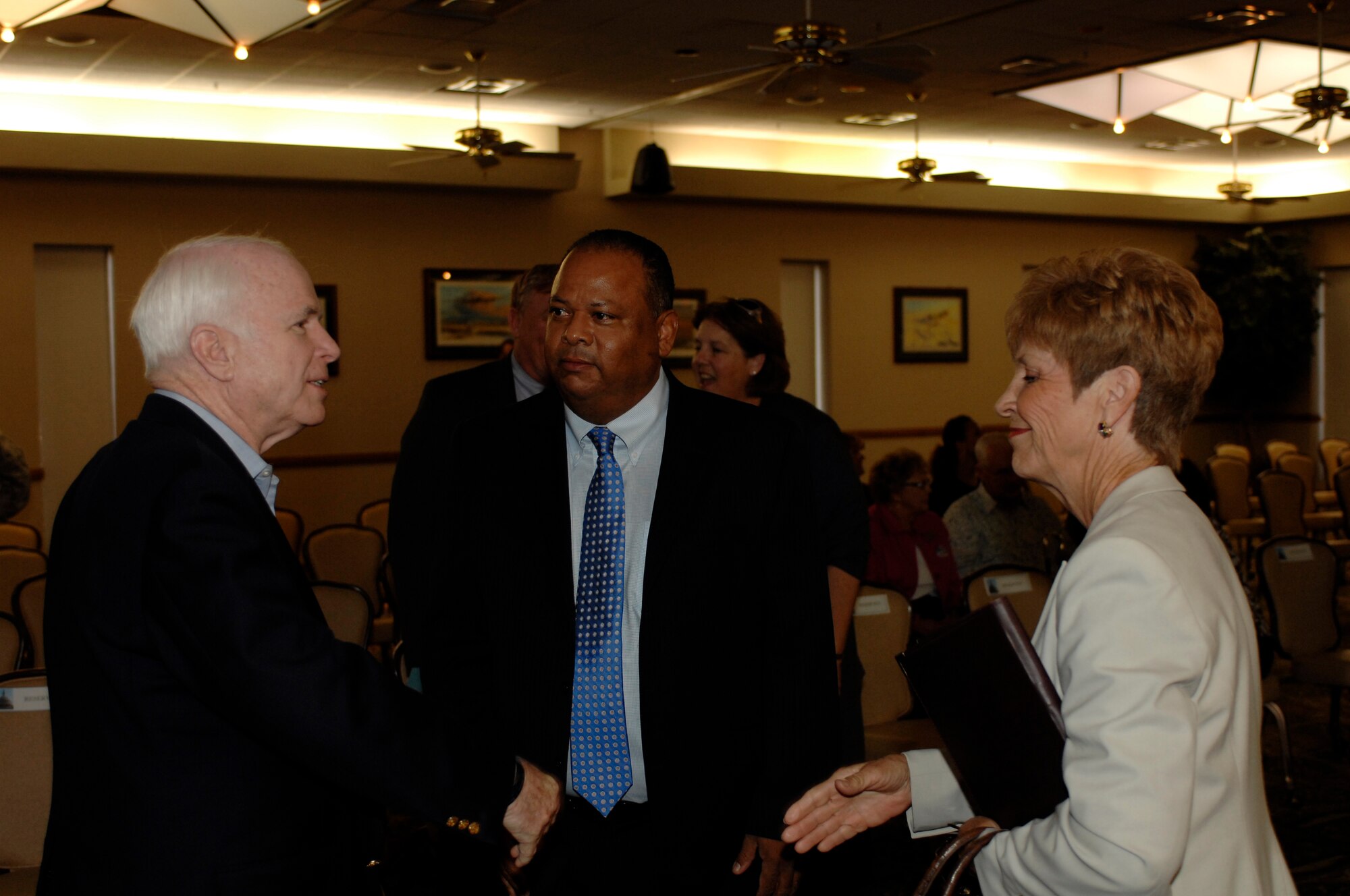 The Honorable John McCain, United States Senate, speaks with the west valley mayors at Luke Air Force Base, Arizona, Nov 13, 2009. Sen. McCain visited Luke and held a press conference to discuss the future of the base and his support of it.(U.S. Air Force Photo by Staff Sgt. Gary Mathieson)