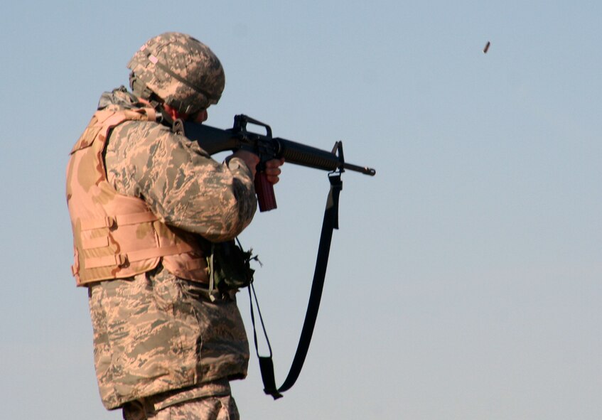 Tech. Sgt. Sal Lione, a student in the Combat Airman Skills Training Course 10-1A from Ramstein Air Base, Germany, participates in an M-16 Advanced Marksmanship Class during training in the course on a range at Joint Base McGuire-Dix-Lakehurst, N.J., on Nov. 7, 2009.  The course, taught by the U.S. Air Force Expeditionary Center's 421st Combat Training Squadron, prepares Airmen for upcoming deployments.  (U.S. Air Force Photo/Tech. Sgt. Scott T. Sturkol)