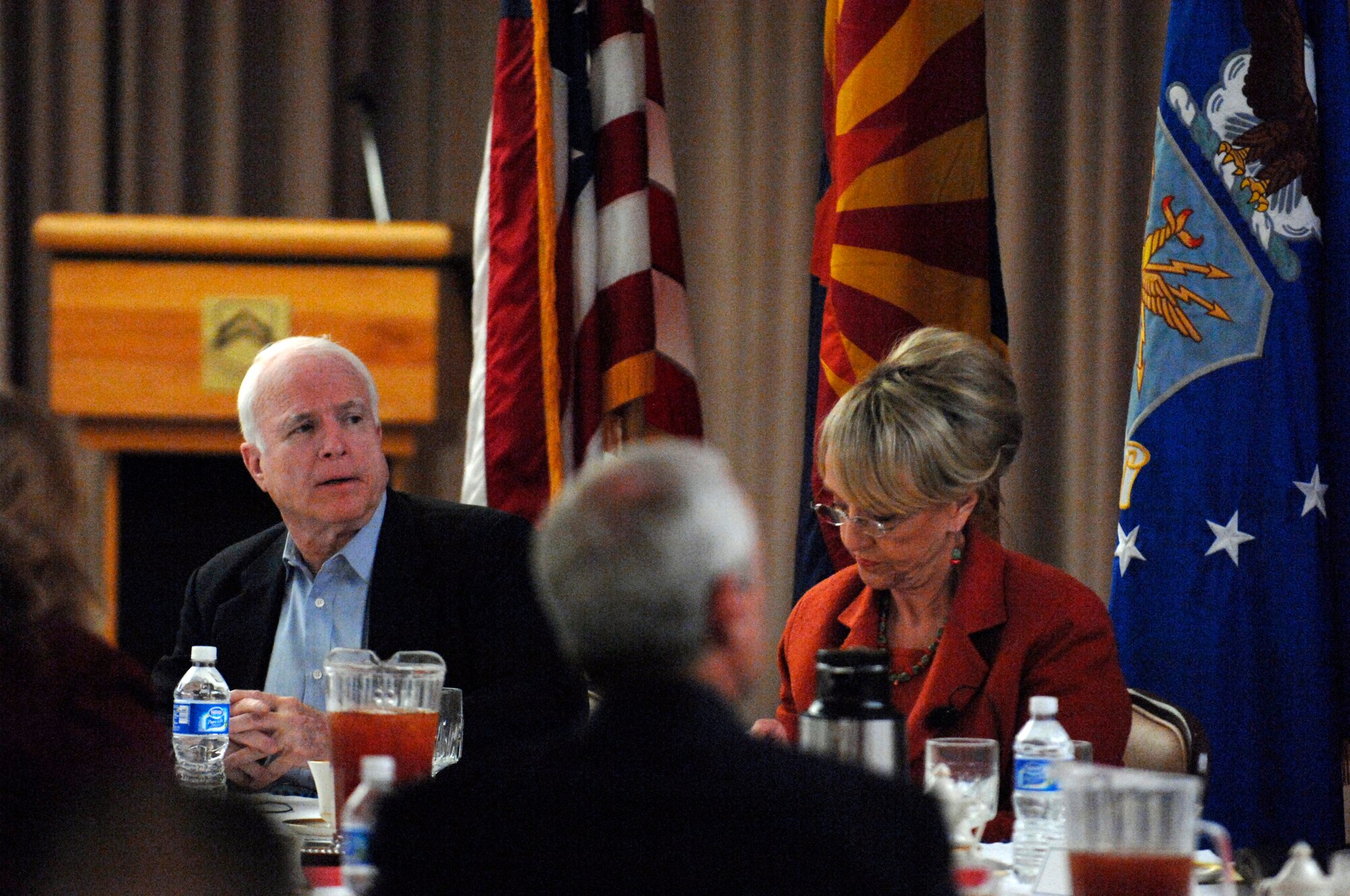 The Honorable John McCain, United States Senate, speaks with the west valley mayors at Luke Air Force Base, Arizona, Nov 13, 2009. Sen. McCain visited Luke and held a press conference to discuss the future of the base and his support of it.(U.S. Air Force Photo by Staff Sgt. Gary Mathieson)