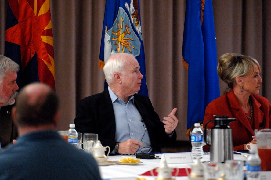 The Honorable John McCain, United States Senate, speaks with the west valley mayors at Luke Air Force Base, Arizona, Nov 13, 2009. Sen. McCain visited Luke and held a press conference to discuss the future of the base and his support of it.(U.S. Air Force Photo by Staff Sgt. Gary Mathieson)