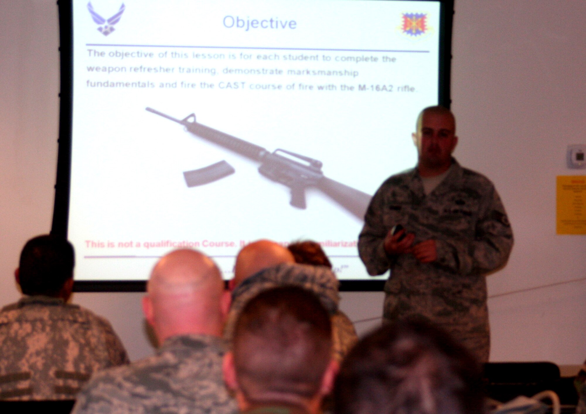Staff Sgt. Brian Adams, combat skills instructor, provides a briefing to students in the Combat Airman Skills Training Course 10-1A on M-16 familiarization during training in the course on Nov. 7, 2009, at Joint Base McGuire-Dix-Lakehurst, N.J.  The course, taught by the U.S. Air Force Expeditionary Center's 421st Combat Training Squadron, prepare Airmen for upcoming deployments.  (U.S. Air Force Photo/Tech. Sgt. Scott T. Sturkol)