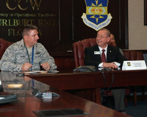 HURLBURT FIELD -- Col. Edward McKinzie, 505th Command and Control Wing commander, introduces Tom Rice, the 505th CCW honorary commander, during a staff meeting Nov. 12. Mr. Rice is a U.S. Army veteran and owner of Magnolia Grill in Fort Walton Beach. He will be invited to participate in many of the wing's events in the upcoming year. (U.S. Air Force photo by Keith Keel)  