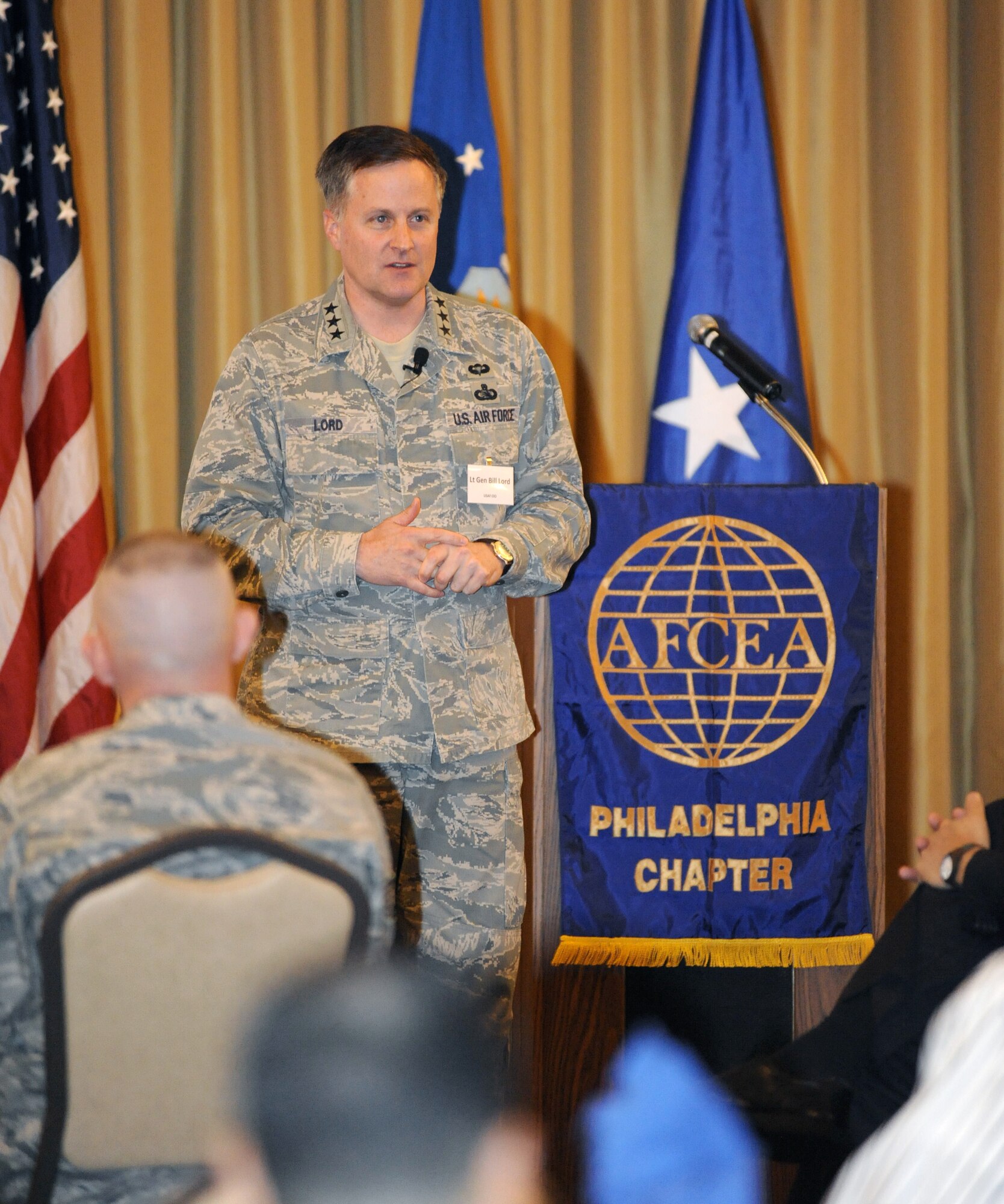 Lt. Gen. William T. Lord, chief of war fighting integration and chief information officer, speaks at the Armed Forces Communications and Electronics Association luncheon here Nov. 13. He spoke about the importance of focusing energy and resources on cyber weapon systems and cyber operator career fields to counter the variety of cyber threats the military faces every day. 
(U.S. Air Force Photo/Carlos Cintron)
