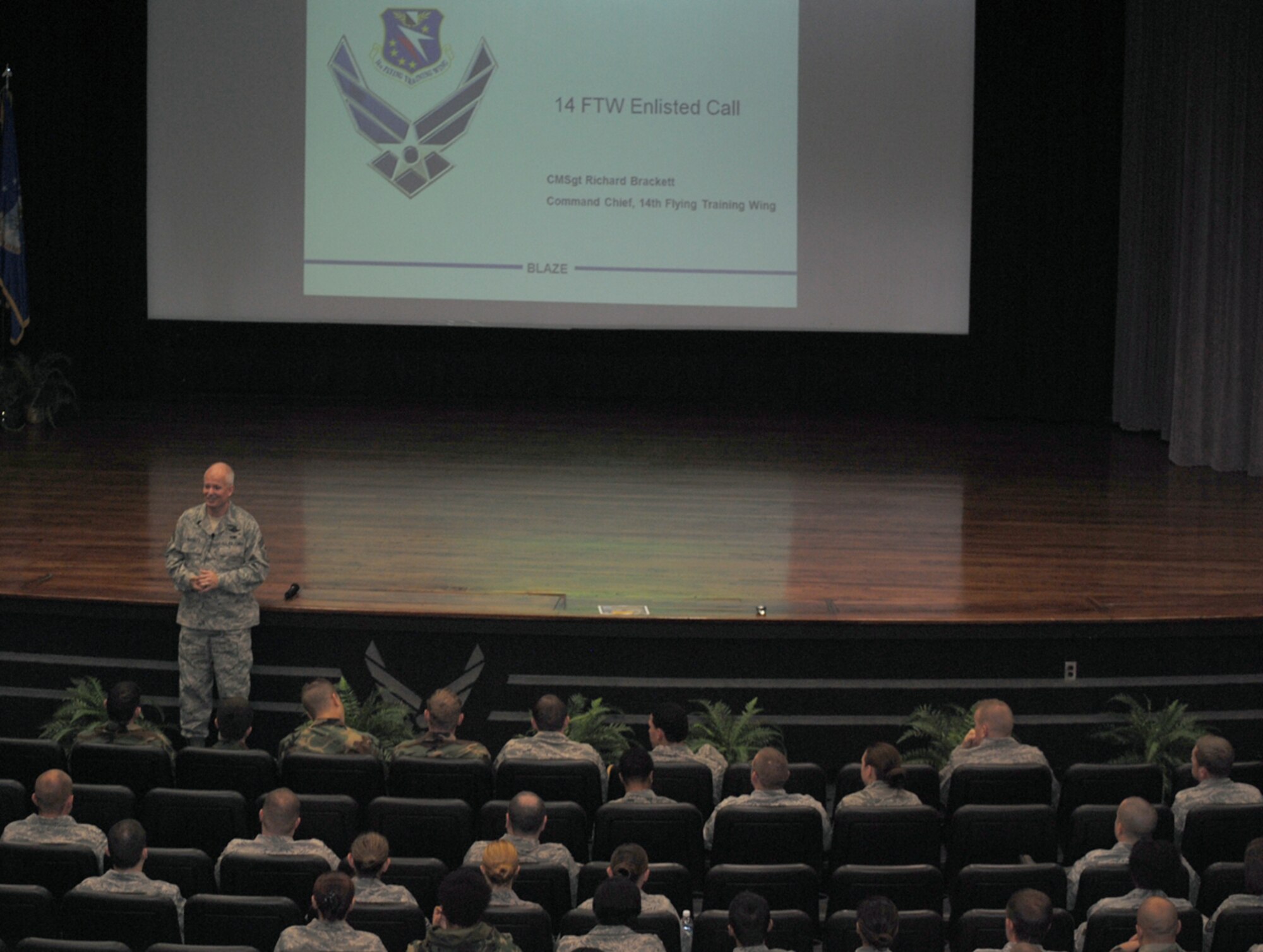 Command Chief Master Sgt. Richard Brackett, 14th Flying Training Wing, speaks at an NCO call Nov. 12 at the Kaye Auditorium. Chief Brackett held a call for Airmen, NCOs and SNCOs with topics covering enlisted performance reports and professional military education, among others. (U.S. Air Force photo/Senior Airman Jacob Corbin). 