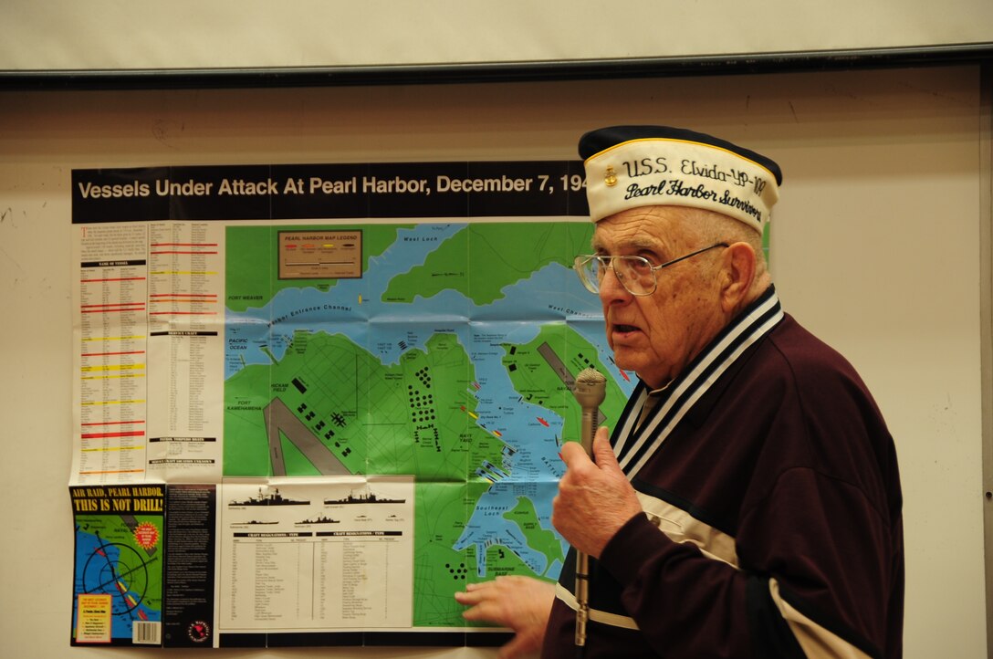 ELLSWORTH AFB, S.D.-- Steve Warren, survivor from the attack on Pearl Harbor, December 7, 1941, talks about what it was like during the attack, Nov 10.  Steve Warren joined the U.S. Navy in 1941, only months before Japan's strike launched America into World War II. (U.S. Air Force photo/Airman 1st Class Anthony Sanchelli)
