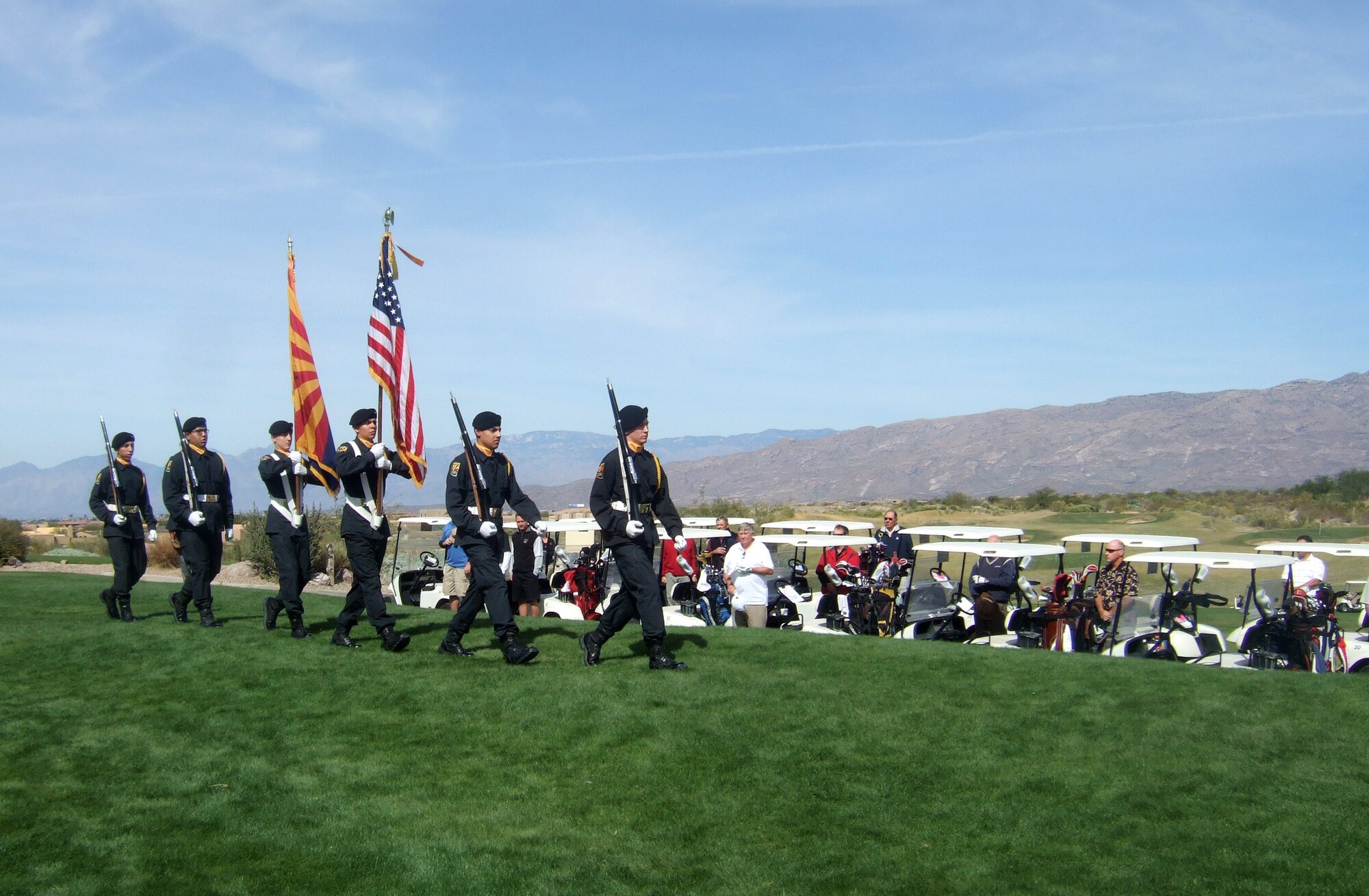The Project Challenge Color Guard posts the colors at the 162nd Fighter Wing Minuteman Committee Golf Tournament at Del Lago Golf Course in Vail, Ariz., Oct. 30. Project Challenge was one of four non-profit organizations that benefited from the $12,500 generated by the tournament. (Courtesy photo by CeCe Perry, Wright Flight)