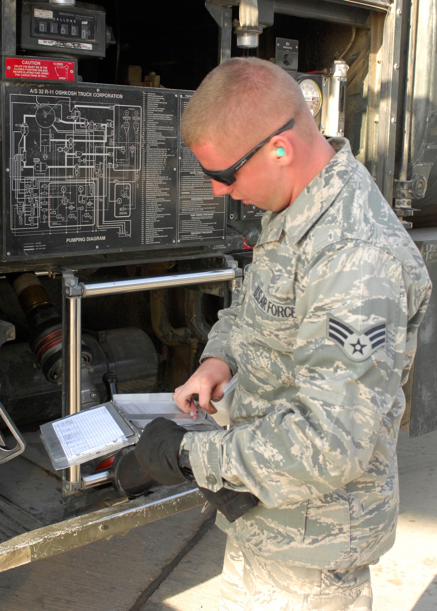 BAGRAM AIRFIELD, Afghanistan -- Senior Airman Jacob Barnes, a fuels journeyman from the 455th Expeditionary Logistics Readiness Squadron, consults a checklist after fueling a C-17 Globemaster III waiting to load cargo for troops in the field, Nov. 17, 2009. Airman Barnes is from Detroit, Mich., and is deployed from Andersen Air Force Base, Guam. (U.S. Air Force photo/Senior Airman Susan Tracy)