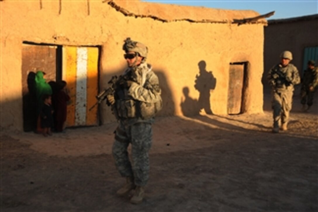 U.S. Army Spc. Aaron Blasingame, with 4th Battalion, 23rd Infantry Regiment, conducts a dismounted patrol through sectors of Shajoy district, Afghanistan, on Nov. 10, 2009.  Blasingame is deployed to Combat Outpost Sangar in Zabul province, Afghanistan, to conduct counterinsurgency operations.  