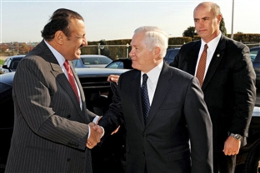 U.S. Defense Secretary Robert M. Gates welcomes Prince Khalid bin Sultan, the Saudi Arabian assistant minister of defense and aviation, for talks on the current conflict in Yemen at the Pentagon, Nov. 17, 2009.