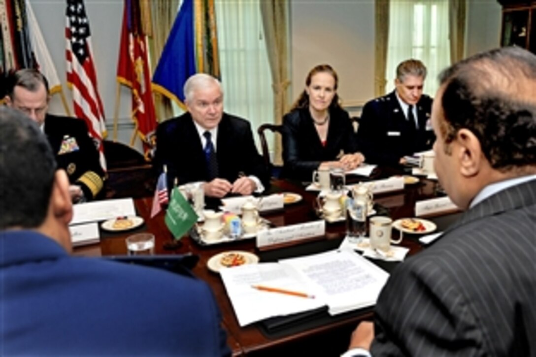 U.S. Defense Secretary Robert M. Gates, center, hosts a meeting to discuss aspects of the current conflict in Yemen with Saudi Arabian Assistant Minister of Defense and Aviation Prince Khalid bin Sultan, right foreground, at the Pentagon, Nov. 17, 2009. Navy Adm. Mike Mullen, chairman of the Joint Chiefs of Staff,  Michele Flournoy, Under Secretary of Defense for Policy, and Air Force Maj. Gen. Paul Van Sickle, U.S. Military Training Mission-Saudi Arabia chief, joined Gates.