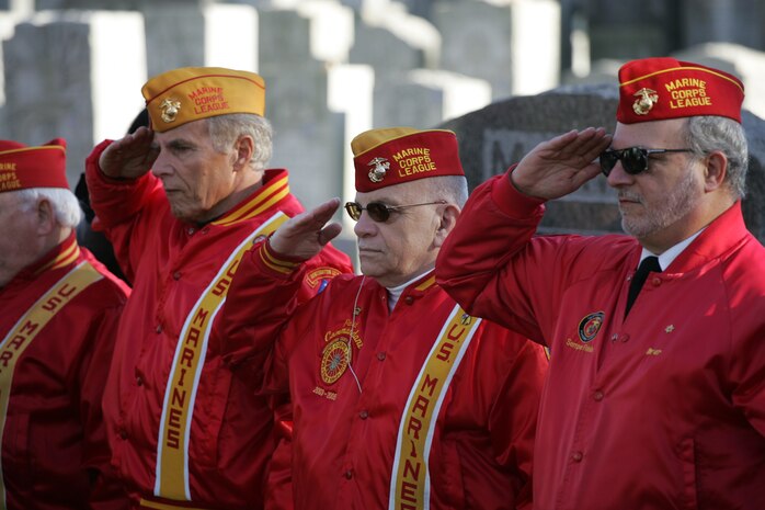 NEW YORK -- Members of the local Marine Corps League salute the casket of the formerly oldest living female Marine, Miriam Cohen, as she is brought to grave site her, Nov. 17, in Cypress Hills National Cemetery. The 101-year-old Cohen enlisted in the Marine Corps during World War II and again during the Korean War. She was the oldest female enlistee of her time at 35 years old and was part of the first female Marine recruit class. (Official Marine Corps photo by Sgt. Randall A. Clinton)