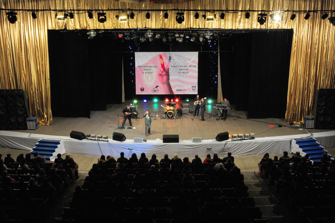 BISHKEK, Kyrgyzstan -- U.S. Air Forces Central Sirocco Band performs at the Palace of Sport, Nov. 16, 2009. The band has toured Kyrgyzstan performing for private schools, universities, and public audiences in Bishkek and Tok Mok Village. Sirocco members are deployed from Lackland Air Force Base, Texas. (U.S. Air Force photo/Senior Airman Steele C. G. Britton)