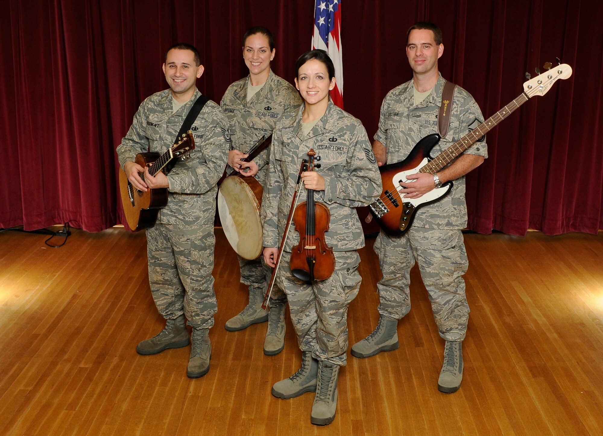 Celtic Aire, comprised of members of The Singing Sergeants, will deploy to forward locations overseas in December.   Members of Celtic Aire are (pictured, left to right) Technical Sgts. Joseph Haughton, Julia Brundage, and Emily Lewis, and Master Sgt. Eric Sullivan. (U.S. Air Force photo by Senior Airman Alexandre Montes)