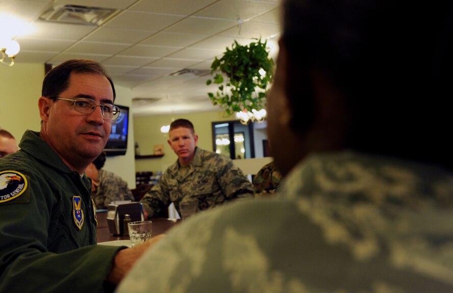 MOODY AIR FORCE BASE, Ga. -- Lt. Gen. Marc Rogers, Inspector General of the Air Force, Office of the Secretary of the Air Force, talks with an Airman from the Jason D. Cunningham Airman Leadership School during lunch here Nov. 17. General Rogers spoke about leadership and gave tips on how to be an effective leader. (U.S. Air Force photo by Airman 1st Class Joshua Green)