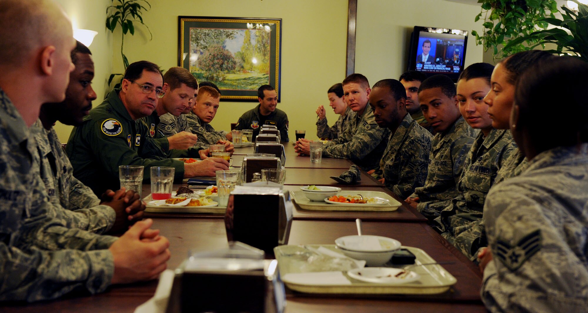 MOODY AIR FORCE BASE, Ga. -- Lt. Gen. Marc Rogers, Inspector General of the Air Force, Office of the Secretary of the Air Force, listens to Airmen from the Jason D. Cunningham Airman Leadership School during a lunch question and answer session here Nov. 17. General Rogers answered a variety of questions from the Airmen and provided them with advice on leadership. (U.S. Air Force photo by Airman 1st Class Joshua Green)