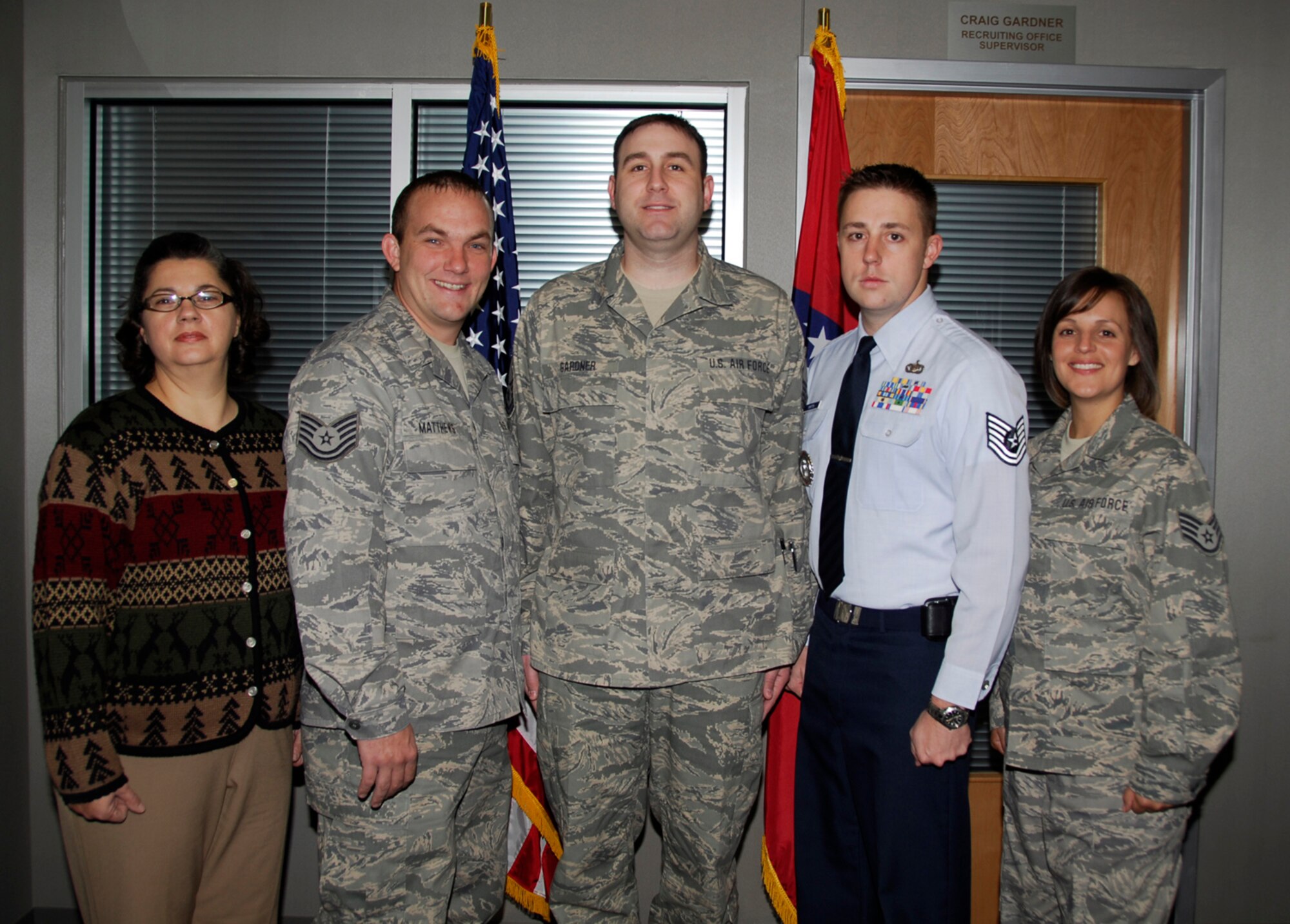 From left: Ms. Stephanie Parrish, Tech Sgt. Jeff Mathews, Master Sgt. Craig Gardner, Tech Sgt. Eric Martin and Staff Sgt. Jean Jackson. The 188th recruiting office earned the state award and Southeast Regional accolade for Outstanding Recruiting Office of the Year at the Arkansas Air National Guard Recruiting and Retention State Conference Oct. 29, 2009, in Mt. Ida, Ark. Martin earned the state and regional awards for Outstanding Rookie Recruiter of the Year. Gardner earned the state award for Outstanding Recruiting Office Supervisor of the Year. (U.S. Air Force photo by Senior Master Sgt. Dennis Brambl/188th Fighter Wing Public Affairs)