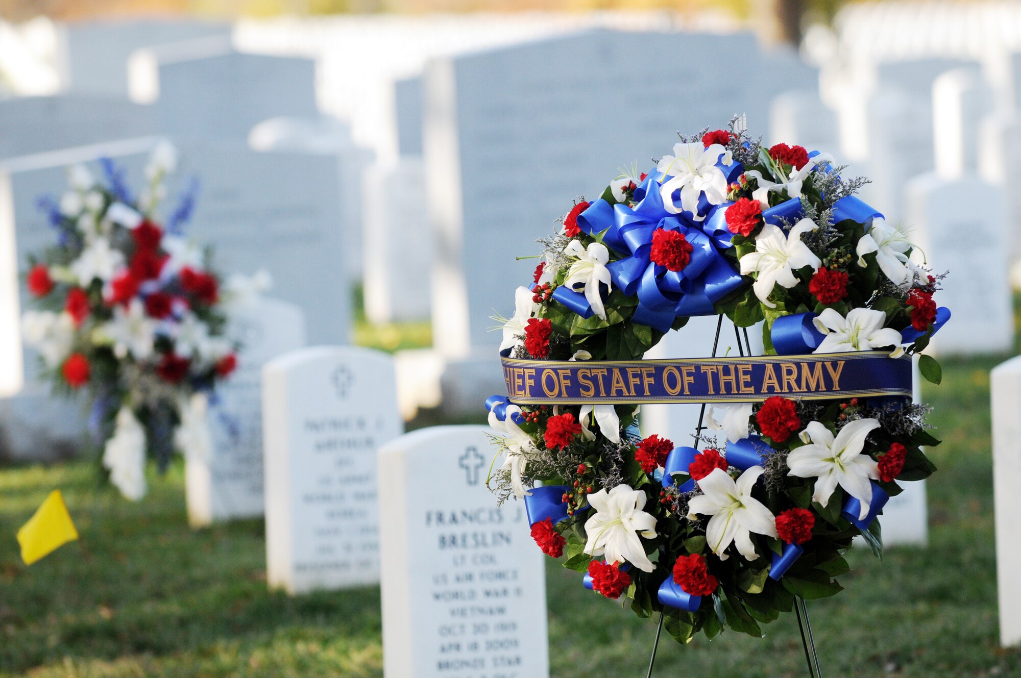 A wreath is dislpayed at an internment ceremony for seven members of the World War II B-25 crew that were lost Dec. 5, 1942, near Papua, New Guinea. (Defense Department photo/Navy Petty Officer William Selby)