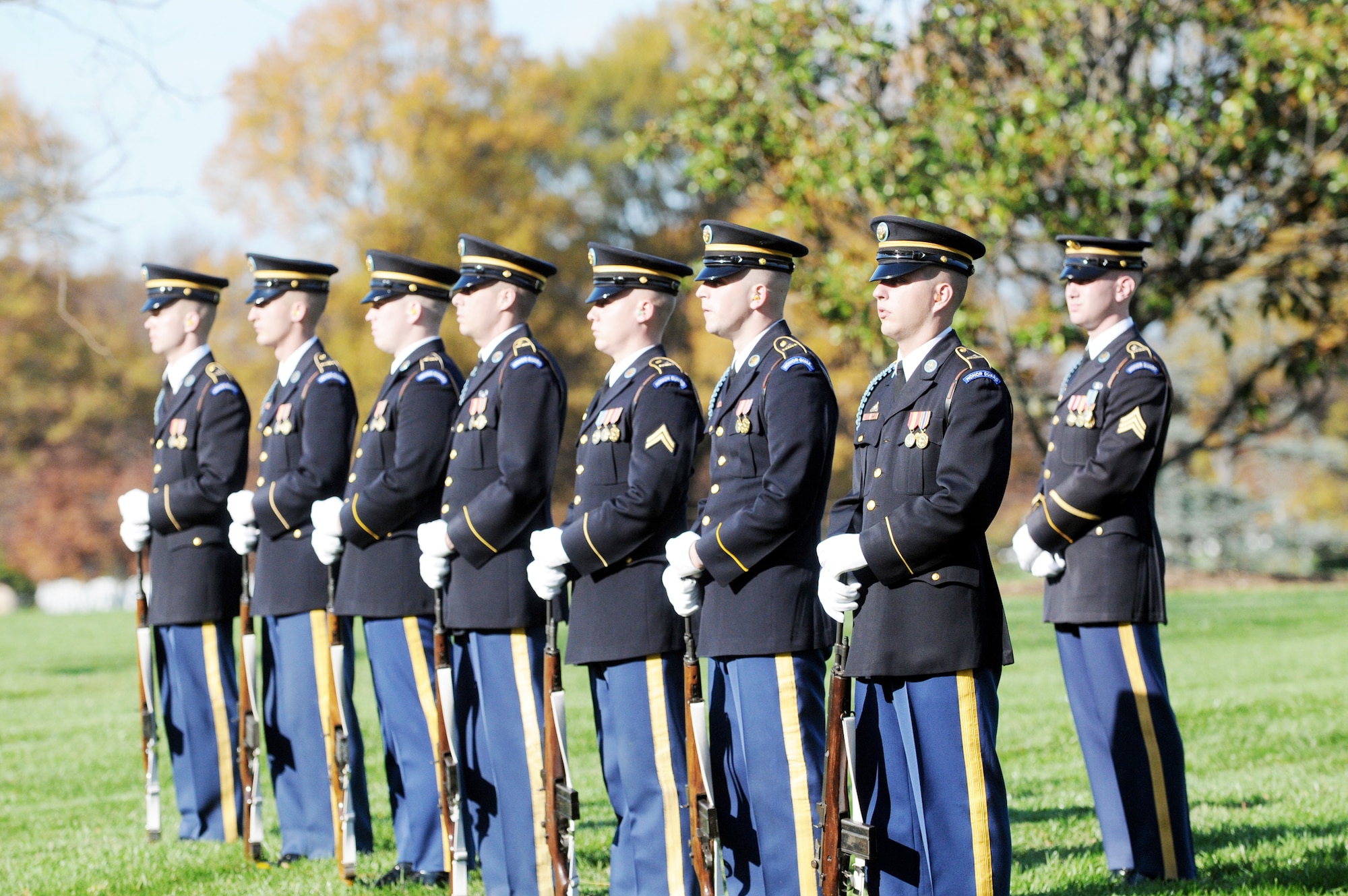 Members of the Army Ceremonial Honor Guard prepare for a rifle volley for members of the World War II B-25 aircrew that was lost Dec. 5, 1942, near Papua, New Guinea, during an interment ceremony at Arlington National Cemetary in Virginia. (Defense Department photo/Navy Petty Officer William Selby)
