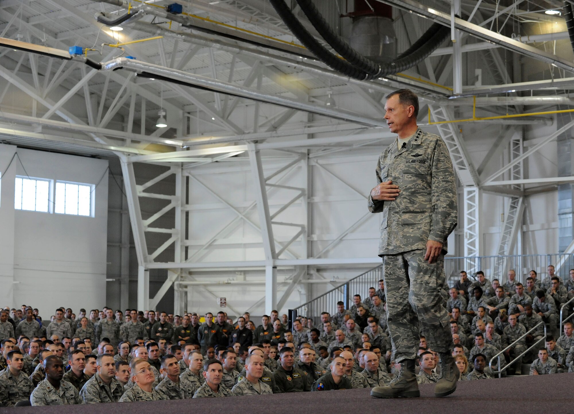MINOT AIR FORCE BASE, N.D. -- Gen. William M. Fraser III, Air Combat Command commander, speaks at an all-call here Nov. 16. General Fraser visited Minot AFB to thank everybody for what they’re doing and to reemphasize the criticality of the mission at Minot. (U.S. Air Force photo by Senior Airman Matthew Smith)