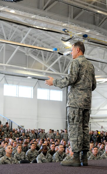 MINOT AIR FORCE BASE, N.D. -- Gen. William M. Fraser III, Air Combat Command commander, speaks at an all-call here Nov. 16. General Fraser visited Minot AFB to thank everybody for what they’re doing and to reemphasize the criticality of the mission at Minot. (U.S. Air Force photo by Senior Airman Matthew Smith)