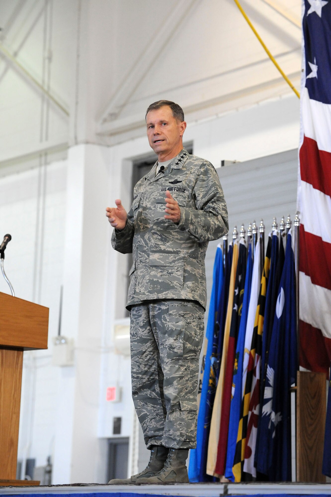 MINOT AIR FORCE BASE, N.D. -- Gen. William M. Fraser III, Air Combat Command commander, speaks at an all-call here Nov. 16. General Fraser visited Minot AFB to thank everybody for what they’re doing and to reemphasize the criticality of the mission at Minot. (U.S. Air Force photo by Senior Airman Matthew Smith)